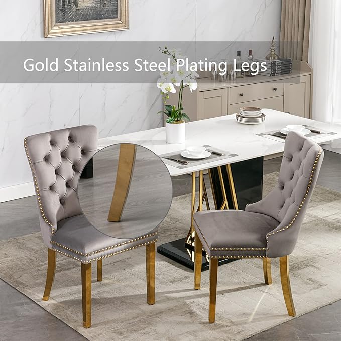 Gray Velvet Dining Chairs Set of 4, Upholstered Dining Room Chairs with Back ...