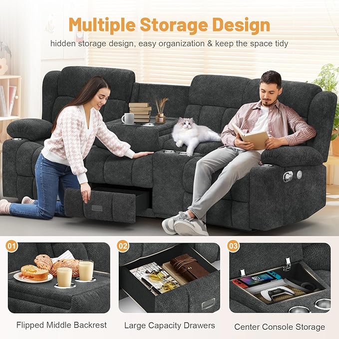 Recliner Sofa Set with Console, Flip Middle Backrest Design 3 Seater Reclining Sofa and Single Recliner Chair, Manual Couches for Living Room (Grey, 3 Seat+Console+1)