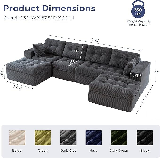 MAXYOYO 132" U Shaped Modular Sectional Sofa with 2 Ottomans, Cloud Boneless Couch with Layered Cushion, Flexible Module Combination Sofa for Living Room, No Assembly Required, Dark Grey