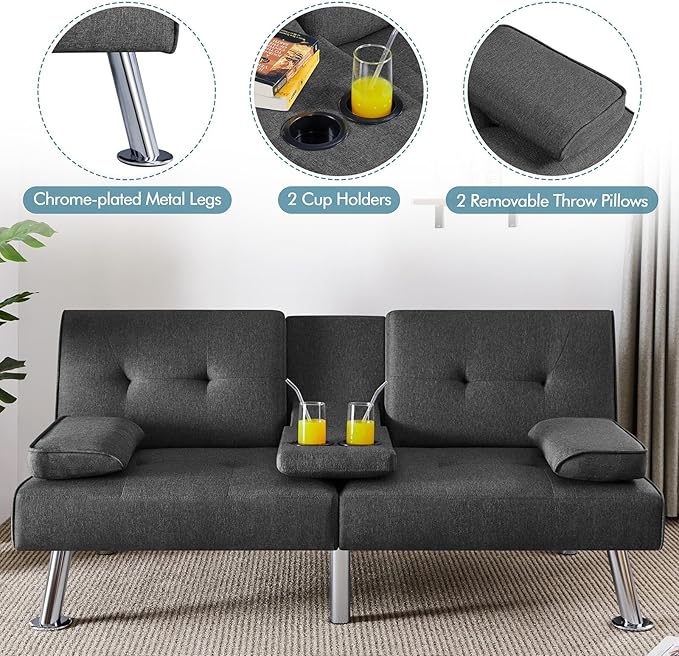 Yaheetech Convertible Sofa Bed Adjustable Fabric Couch Sleeper Modern Recliner Reversible Loveseat Folding Daybed Guest Bed, Removable Armrests, Cup Holders, 3 Angles, 772lb Capacity, Dark Gray
