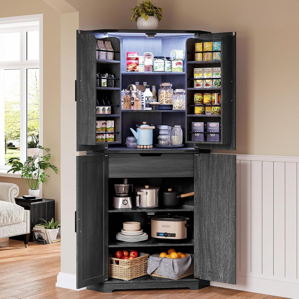 Dripex 71" Black Farmhouse Corner Pantry Cabinet with LED Light, Tall St...