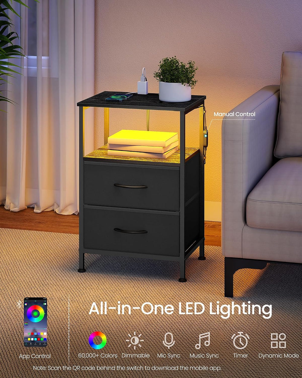 SONGMICS BELLAH Collection - Nightstand with Charging Station and App-Control...