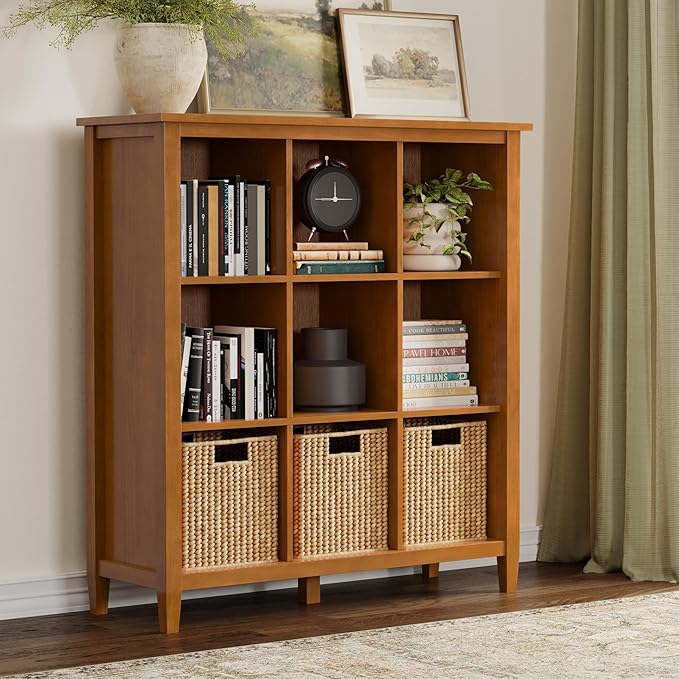 SIMPLIHOME Warm Shaker Bookcase - 44 inch Tall 9-Cube Solid Wood Cube Organizer in Light Golden Brown, Transitional Storage for Living Room, Study Room or Office with Fixed Shelves and Tapered Legs