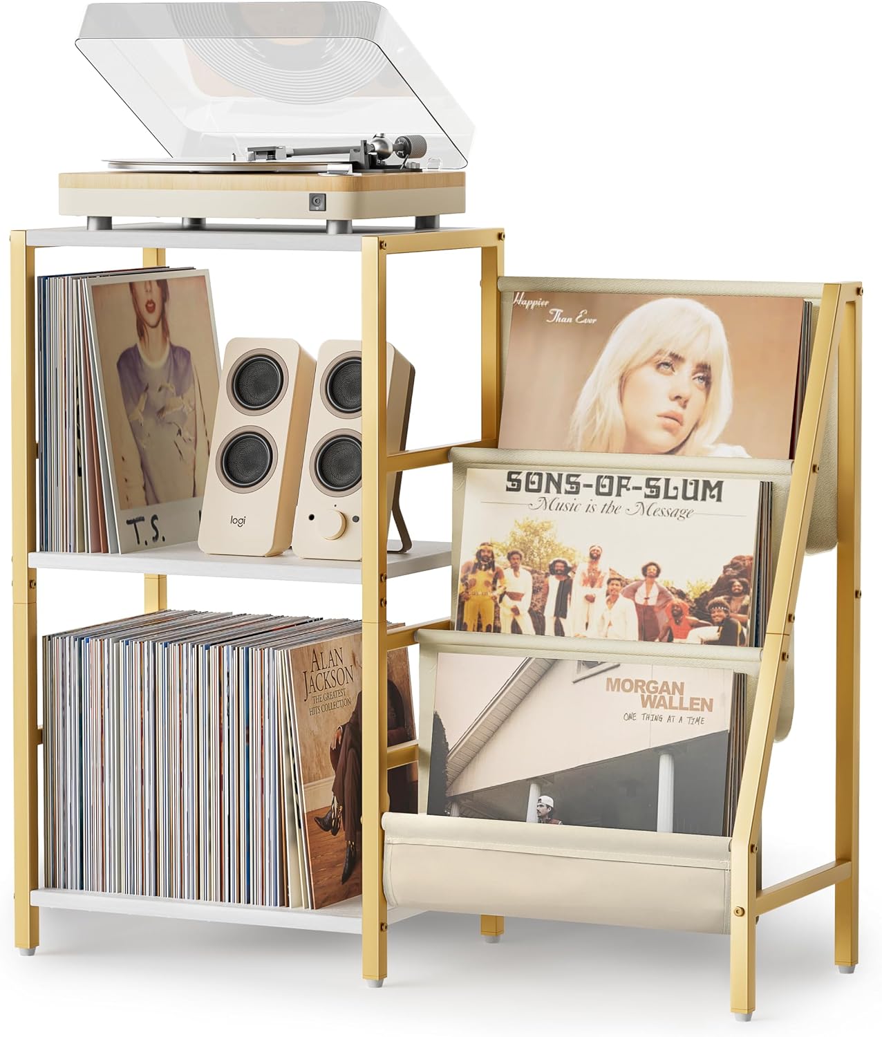 Record Player Stand, Vinyl Record Storage Table with Display Holder Shelf | Record Player Table with Vinyl Organizer 200 Album Rack, Mid Century Modern Turntable Stand, Vintage Media Console for Stereo