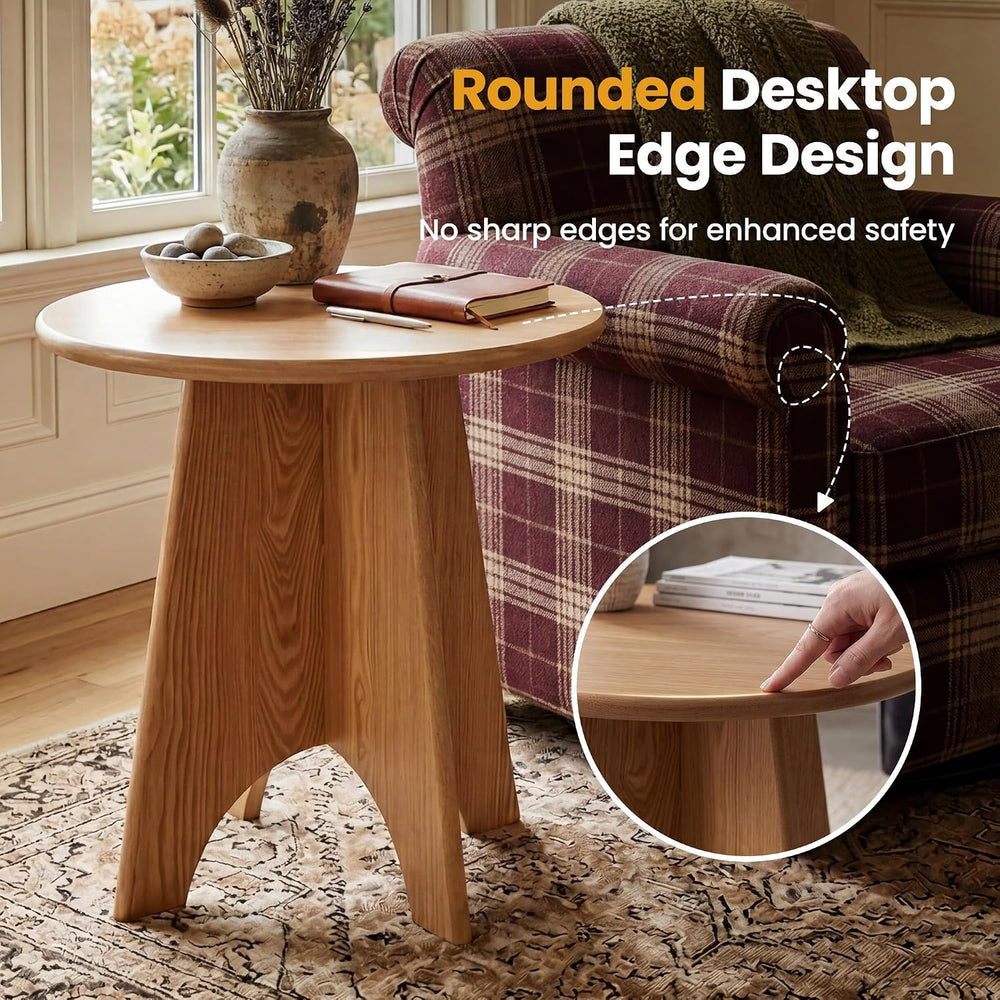 Round Side Table with Unique Panel Leg Design, Sturdy Nightstand for Bedroom,...