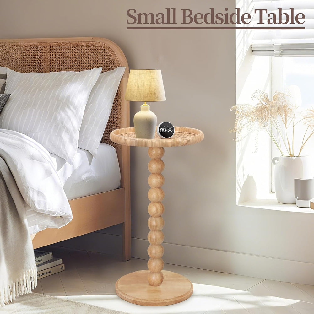 Drink Table, Boho Rattan Small Round Side Table for Small Spaces, Solid Wood ...