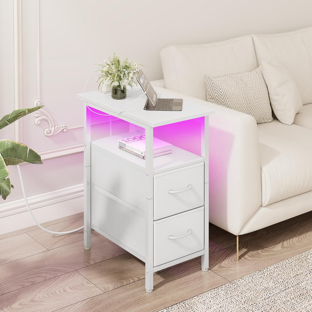 Vagusicc White Nightstand with Charging Station and LED Lights, Narrow Side T...