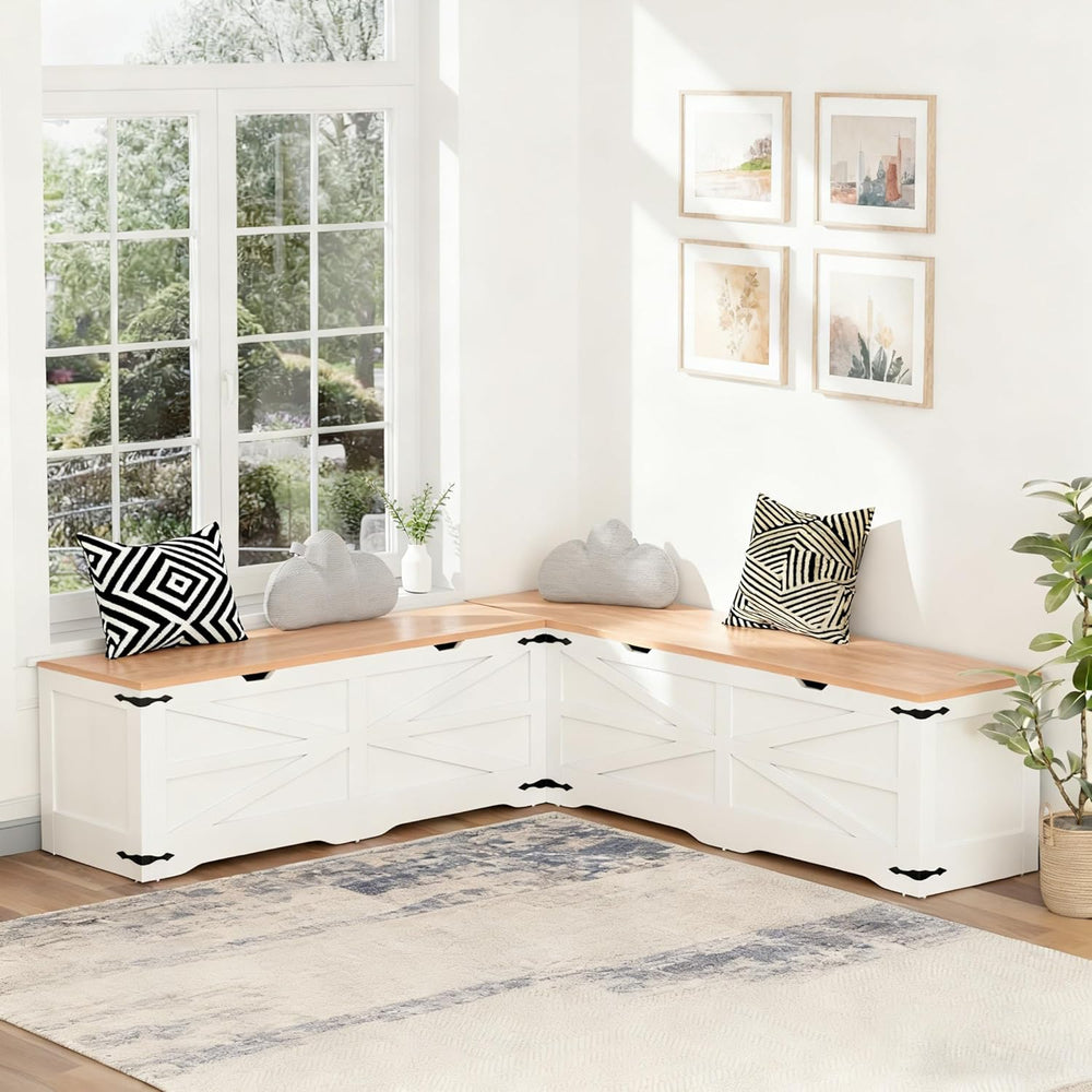L Shape Kitchen Breakfast Nook Bench, Backless Farmhouse Storage Bench, Corne...