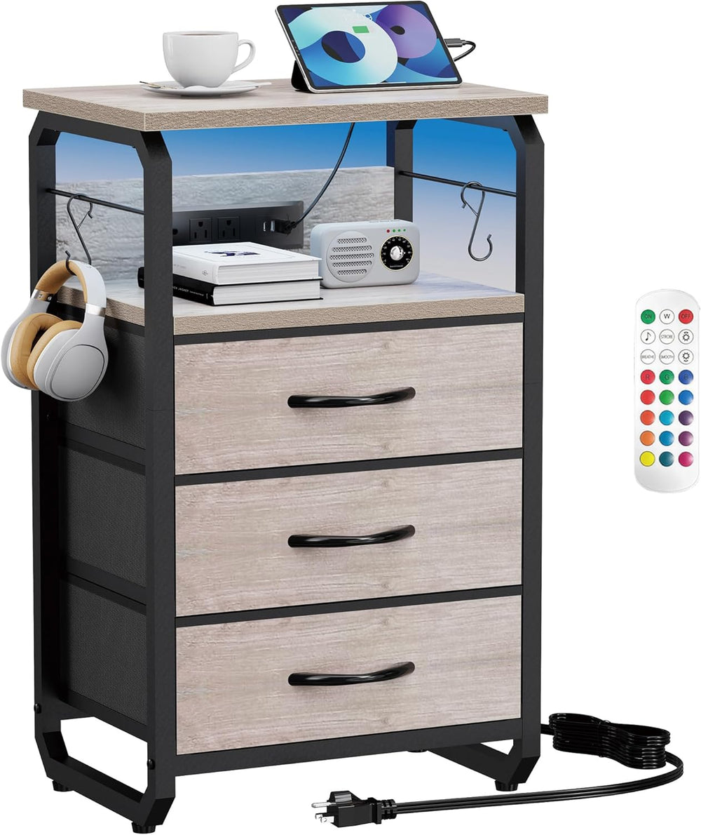 runjuly Bed Side Table with 3 Fabric Drawers, Night Stand with Charging Stati...