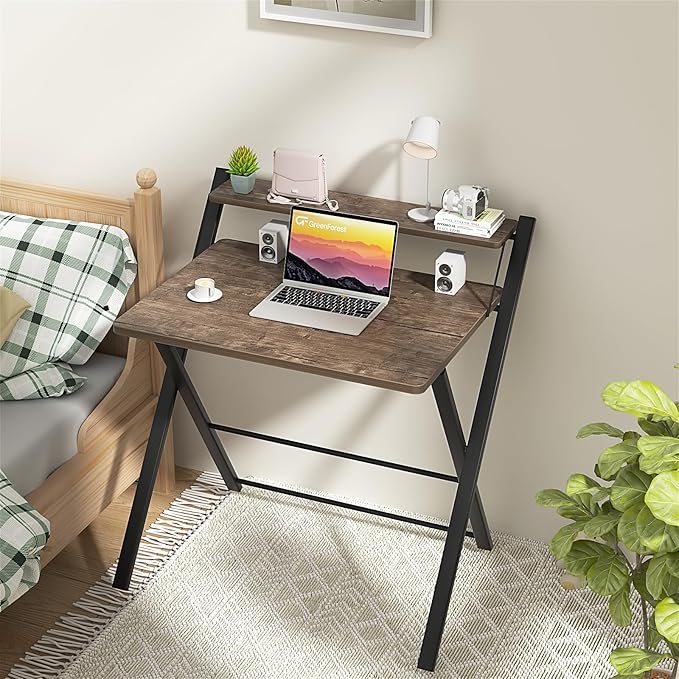 GreenForest No Assembly Folding Desk, 2-Tier Compact Computer Desk with Shelf, Space Saving Foldable Table for Home Office, Dorm or Apartment, Portable Collapsible Sturdy Laptop Desk, Brown