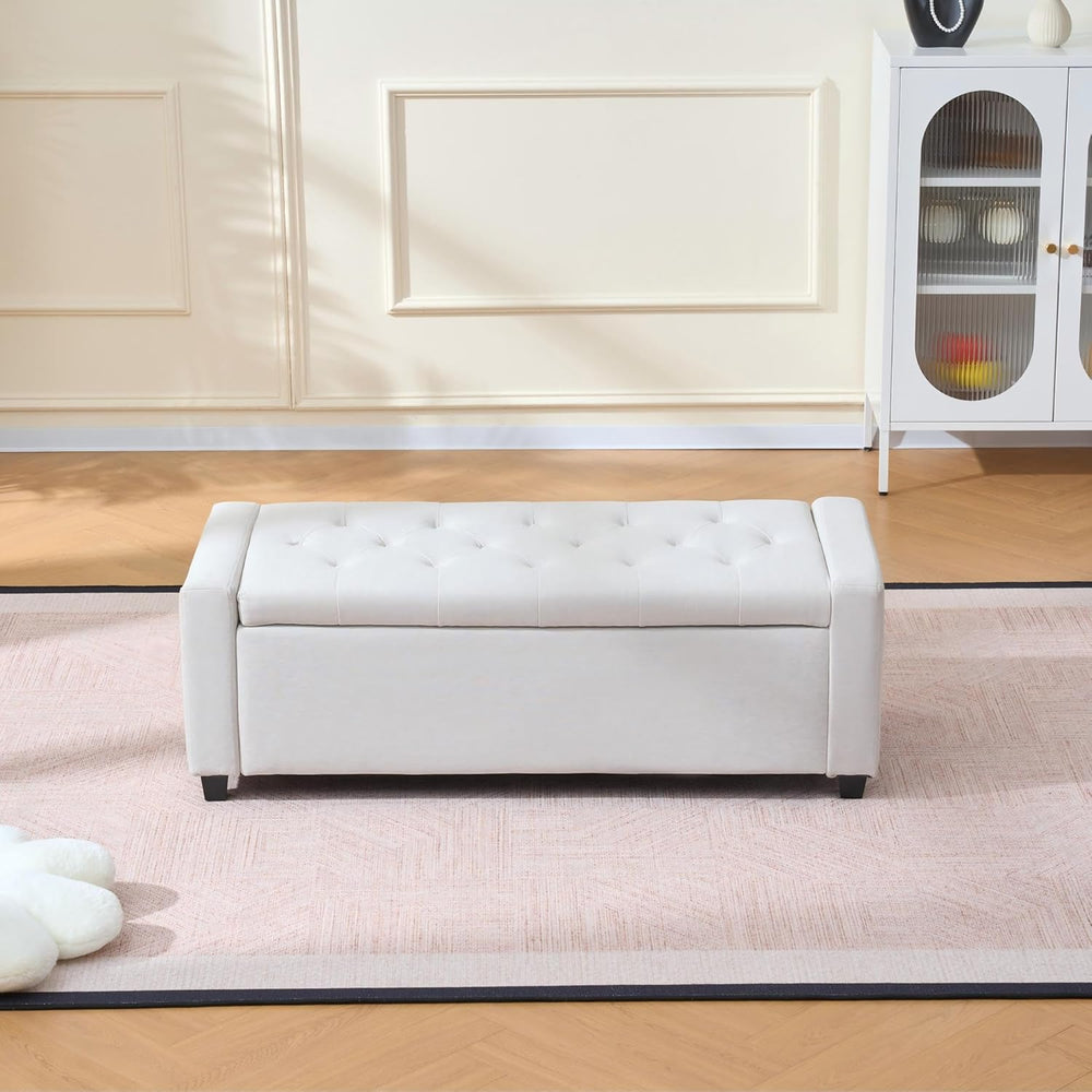 48" Storage Bedroom Bench for End of Bed, Faux Linen Upholstered Storage...