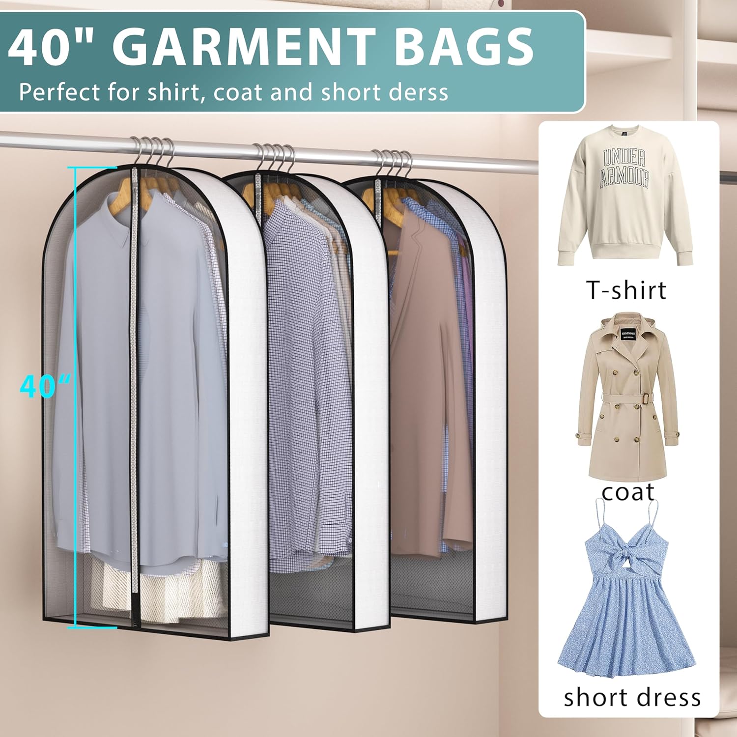 40” Garment Bags for Hanging Clothes 4” Gusseted - with Clear Window, Breathable Fabric, Metal Zipper, Suit Coat Dress Protector for Clothes Closet storage, Season Off, Moving, 3 Pack