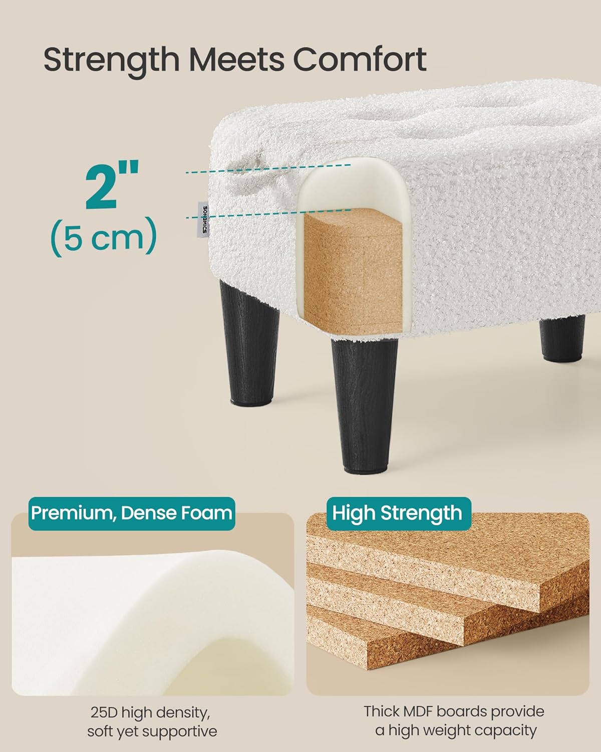 SONGMICS Foot Stool, Small Teddy Fleece Footstool Ottoman with Thick Cushion and Legs, for Living Room, Bedroom, Entryway, 330 lb Weight Capacity, Cream White and Ink Black ULOM503WD01