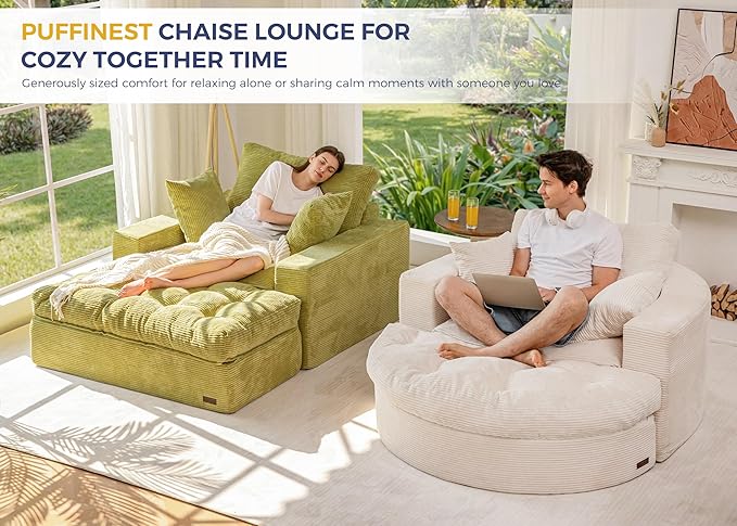 MAXYOYO Modular Sectional Chaise Lounge Sofa, 2 Sets Upholstered Lounge Chair with Ottoman, Comfy Round+ Square Couch with Layered Cushion, Tufted Sleeper Chair for Living Room, No Assembly, Beige