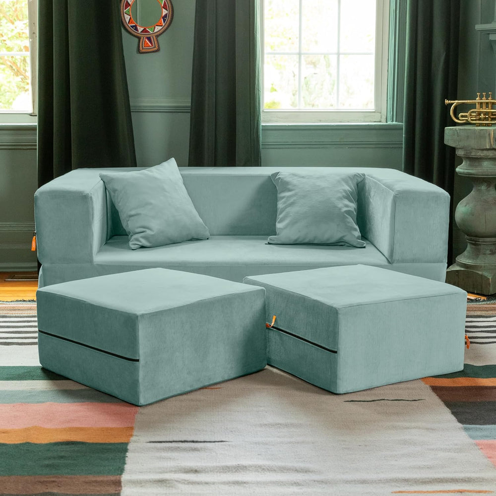Jaxx Zipline Convertible Sleeper Loveseat & Ottomans, Textured Microvelve...