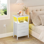 Vagusicc Nightstand Set of 2 with Charging Station, Bed side tables bedroom set of 2 with LED Lights, White Night Stands with 2 Fabric Drawers, 24.2" Tall Bedside Tables with Storage Shelf for Bedroom