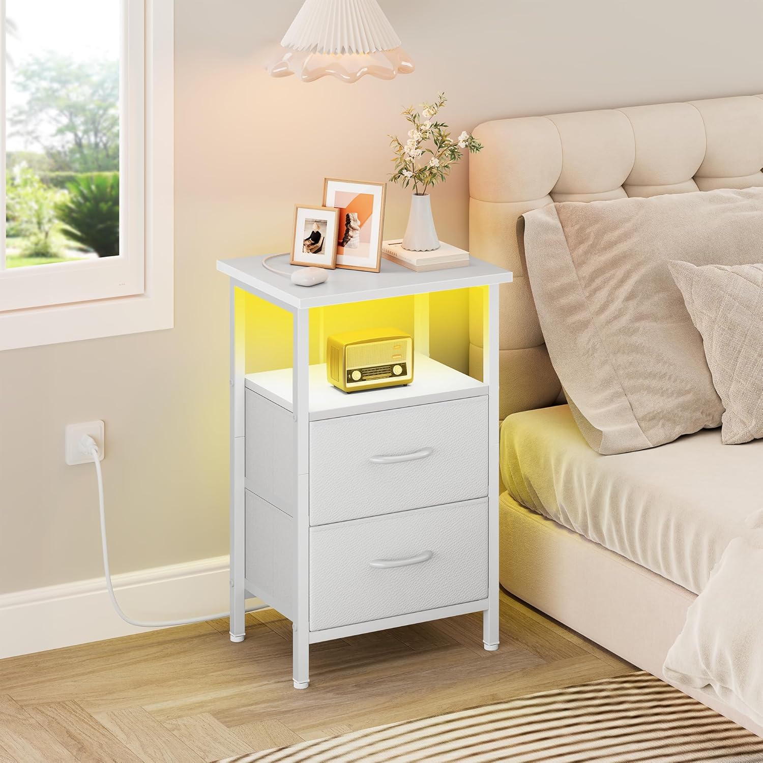 Vagusicc Nightstand Set of 2 with Charging Station, Bed side tables bedroom set of 2 with LED Lights, White Night Stands with 2 Fabric Drawers, 24.2" Tall Bedside Tables with Storage Shelf for Bedroom
