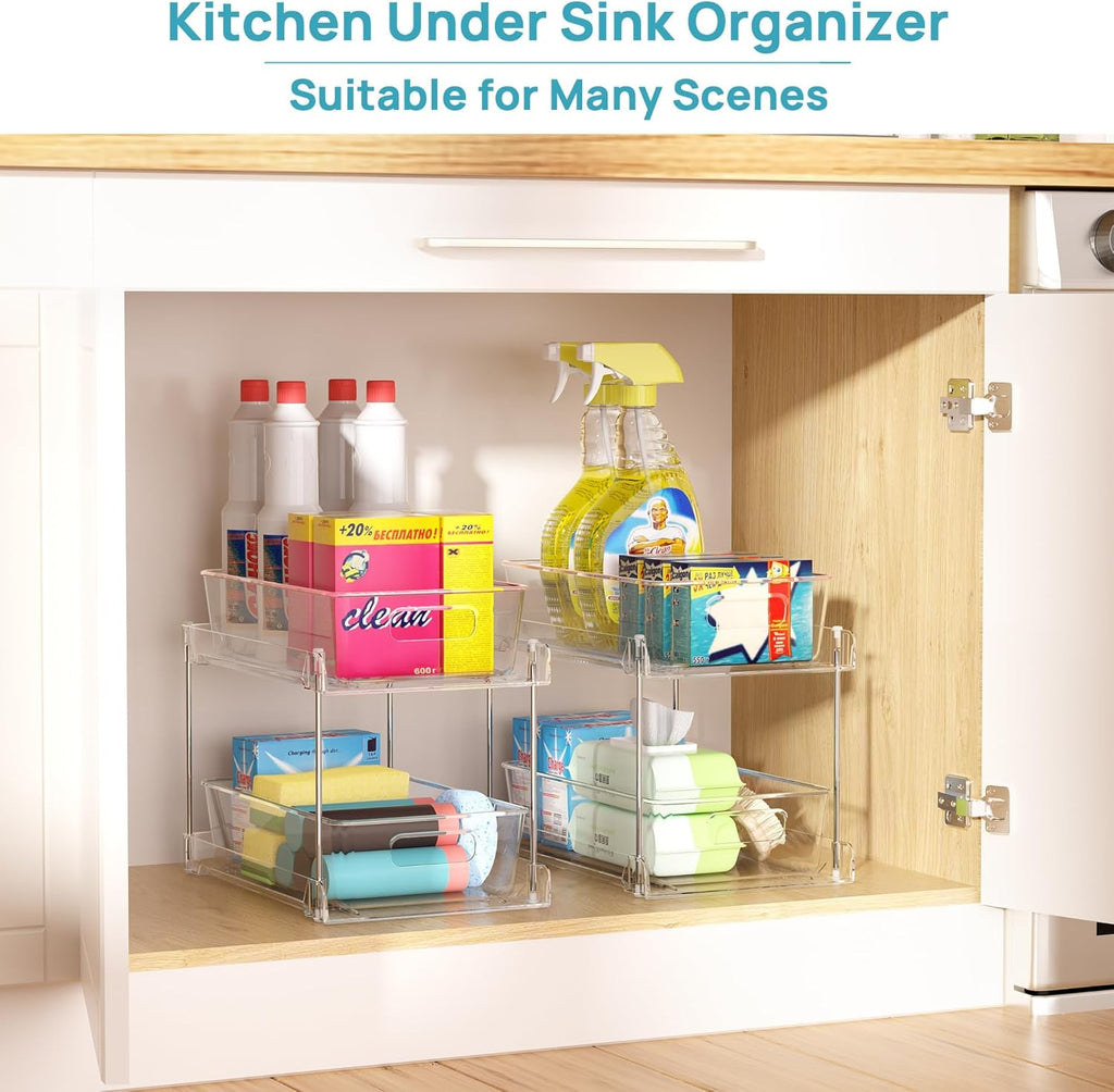 Vtopmart 4 Pack Bathroom Organizer, 2 Tier Clear Under Sink Organizers Vanity Countertop Storage Container,Cabinet Drawers Bins, Pull-Out Organization with Track for Pantry, Kitchen