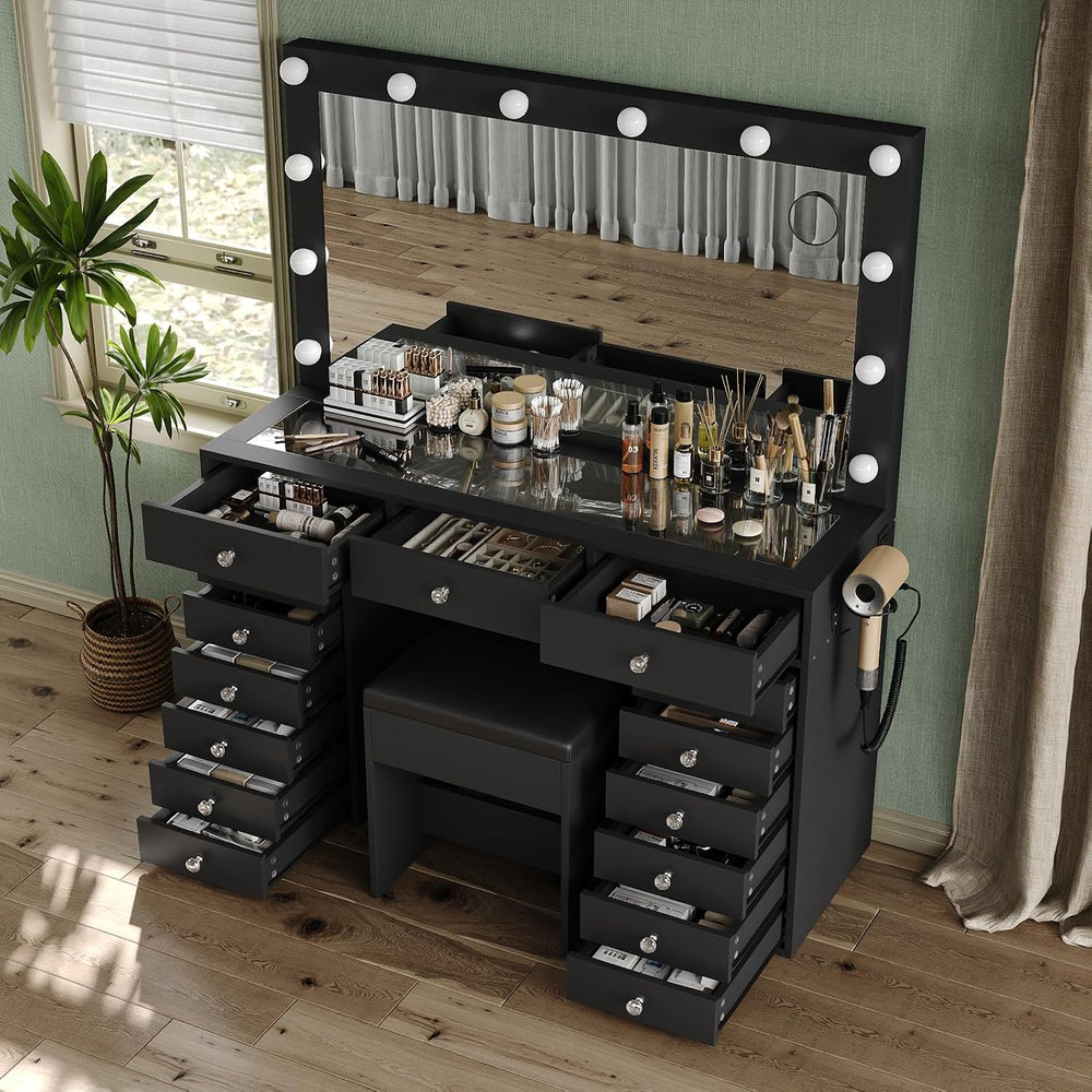 FUSOU 15 Drawers Vanity Desk with Mirror and Lights, Black | 47'' Mak...