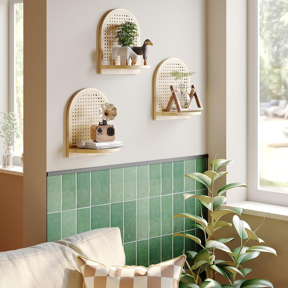 Rattan Wall Shelf Set of 3, 7''Natural Rattan Shelves with Wicker Dec...