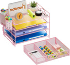Marbrasse Desk Organizer and Accessories4-Tier Paper File Letter Tray Accessories & Workspace Desk Organizers with Drawer and 2 Pen Holders for School Home Office Supplies(Pink)