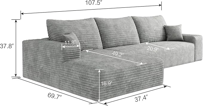 Eafurn Oversized L-Shaped Modular Sectional Sofa with Chaise, Fluffy Corduroy Upholstered Boneless Couch with Deep Seat, Minimalist Flexible Combination for Living Room | Breathable material, Full Foam, Anti-slip