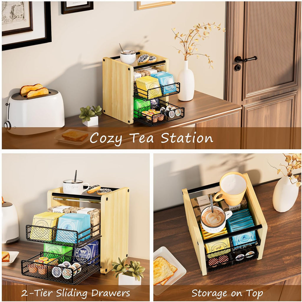 Tea Bag Organizer, Tea Organizer and Storage with Drawers, Tea Box for Tea Bags, Wooden Tea Bag Holder for Kitchen, Countertop, Office, Tea Station (Natural Wood)