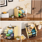 Tea Bag Organizer, Tea Organizer and Storage with Drawers, Tea Box for Tea Bags, Wooden Tea Bag Holder for Kitchen, Countertop, Office, Tea Station (Natural Wood)