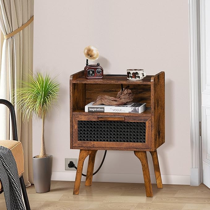 Lerliuo Rattan Nightstand with Charging Station, Side Table with Drawer Open ...