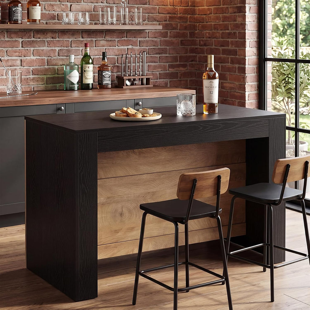 LITTLE TREE Kitchen Island with Storage, 55 Inch Island, Modern Farmhouse Kitchen Counter, Fluted Reeded Frame Open Shelves Prep Workstation, Black and Brown