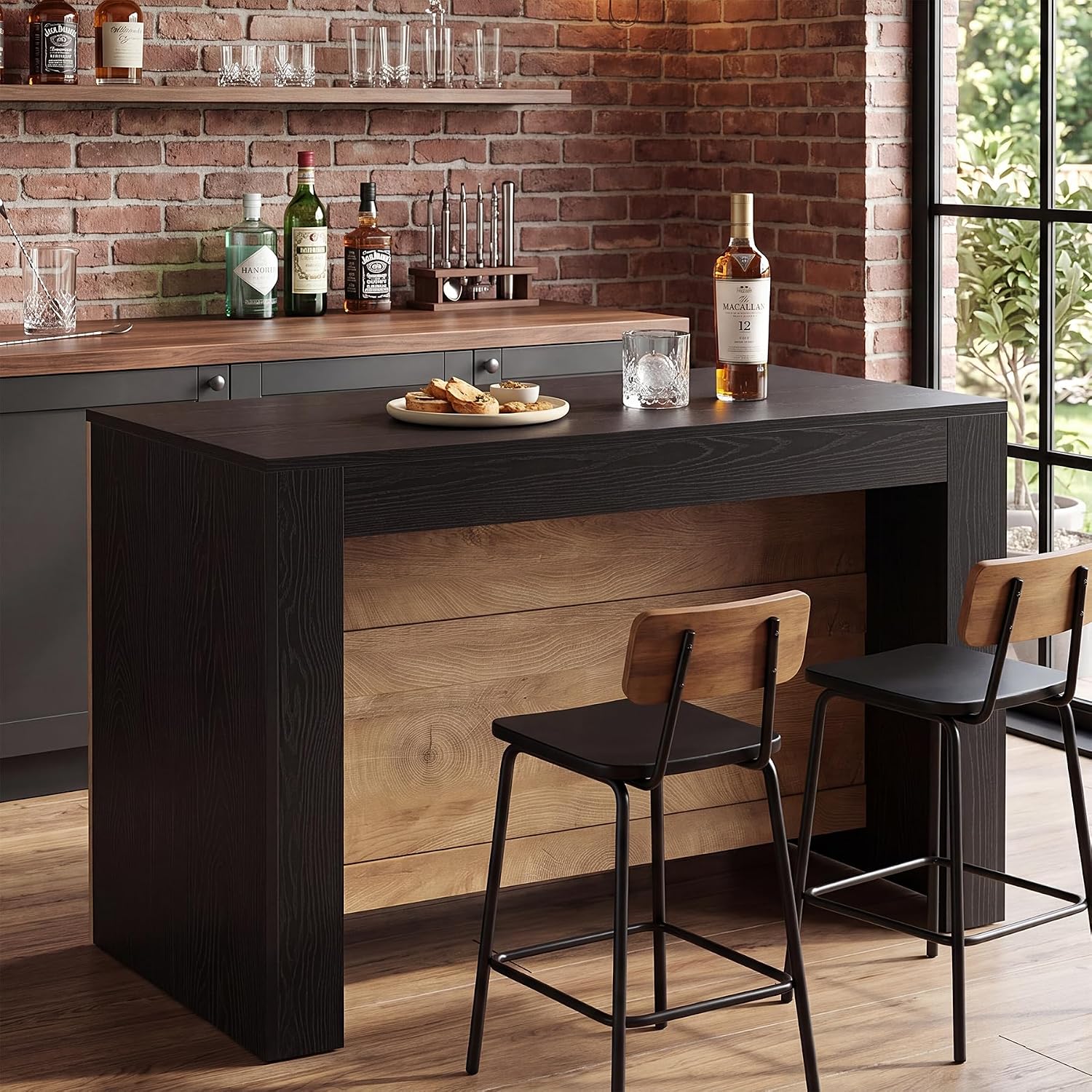 LITTLE TREE Kitchen Island with Storage, 55 Inch Island, Modern Farmhouse Kitchen Counter, Fluted Reeded Frame Open Shelves Prep Workstation, Black and Brown
