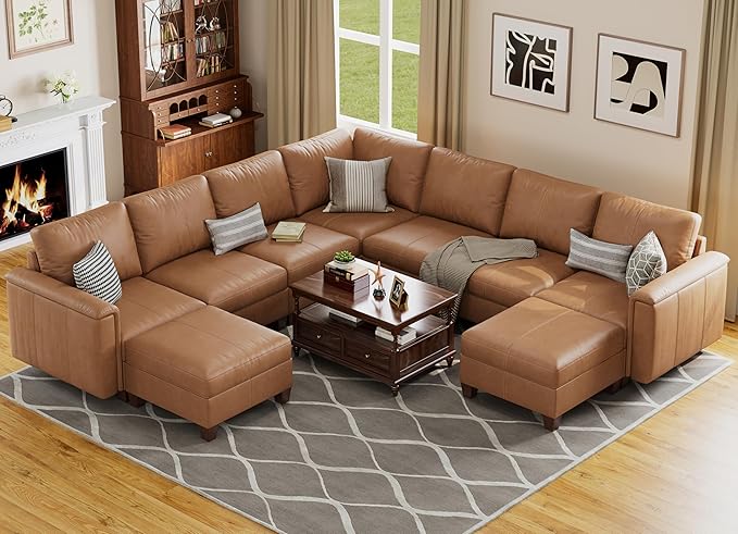 SITJOY 118" Faux Leather Modular Sectional Sofa with Storage, Mid Century Modern Sectional Couches for Living Room, Soft Padded Armrests, 9 Seat V-Shaped Sectional Couch, Brown