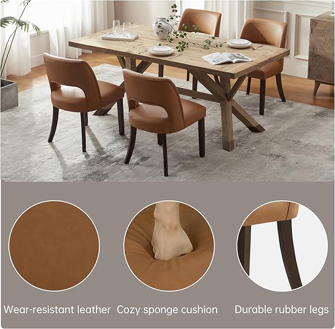 VKNOW Modern Dining Chairs Set of 2, Faux Leather Upholstered Dining Room Chair Kitchen Chairs, Farmhouse Dinner Chair for Kitchen Dining Room, Brown