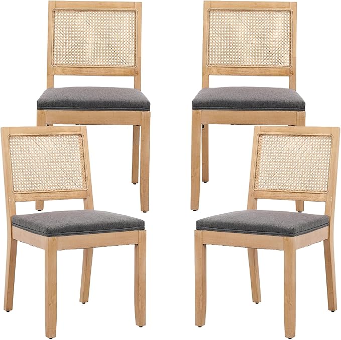 French Country Dining Chairs Set of 4, Grey Kitchen & Dining Room Chairs Set of 4, Rattan Dining Chairs, Cane Low Back, Wood Legs, Sillas De Comedor (Rattan, Gray, 4Pcs)