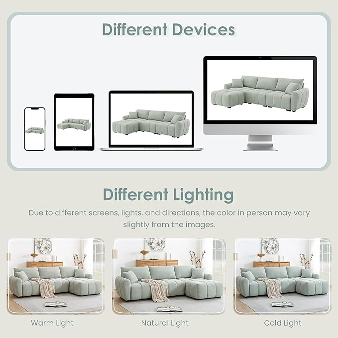 Ball & Cast Modular Sectional Sofa W/Movable Ottoman and 2 Lumbar Pillows,4 Seater L Shaped Couch W/Deep Seat&Pull-line Design,Boucle Fabric Upholstered Sofa for Living Room,Apartment,Light Green,110"