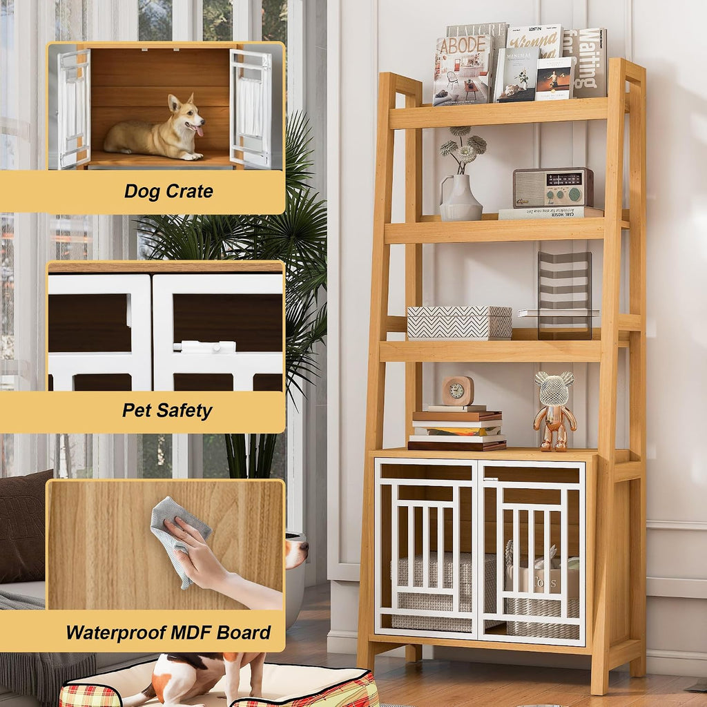 2 in 1 Dog Furniture Dog Crate Ladder Bookshelf, Tall Wood Display Shelf with Storage, Dog Kennel Bookcase for Small Sized Dogs up to 50lbs, 32.5" L