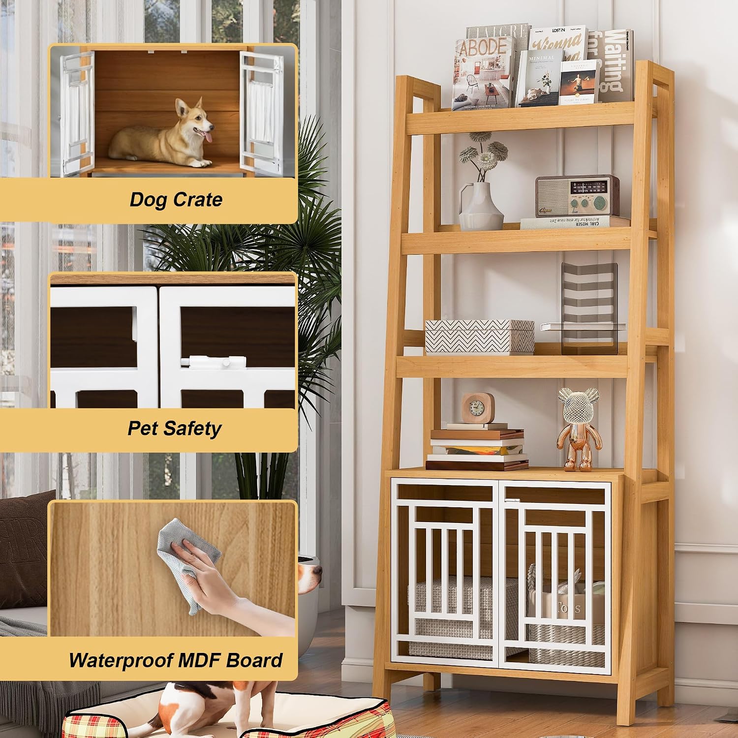 2 in 1 Dog Furniture Dog Crate Ladder Bookshelf, Tall Wood Display Shelf with Storage, Dog Kennel Bookcase for Small Sized Dogs up to 50lbs, 32.5" L