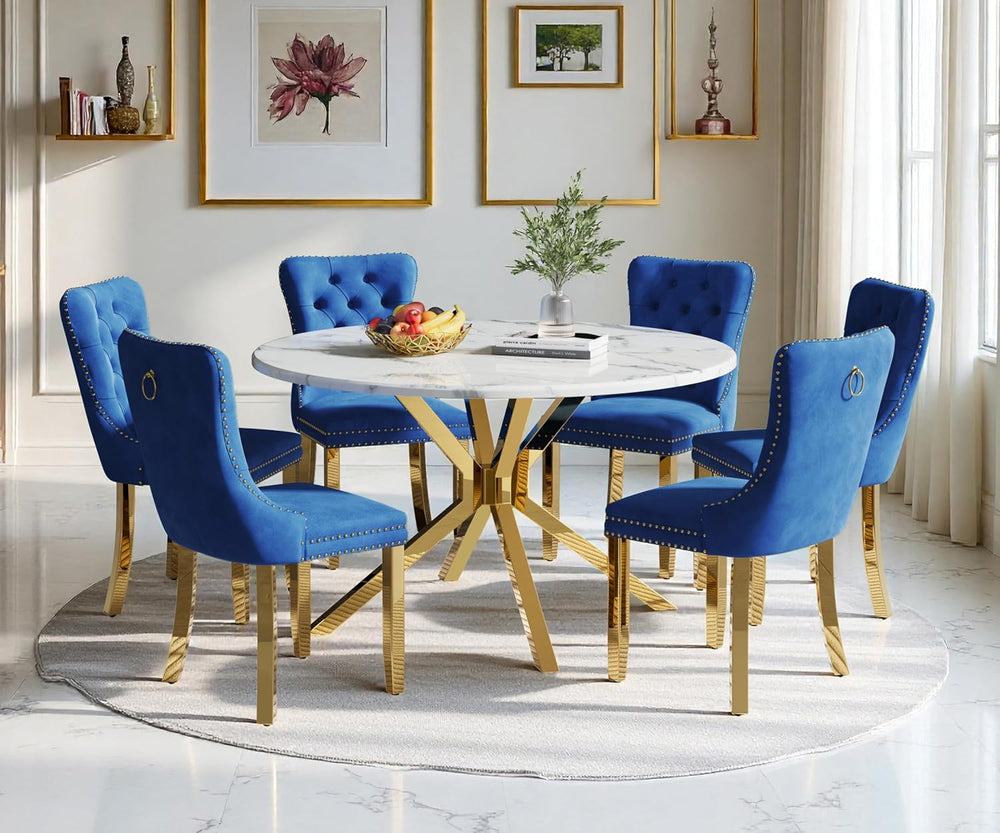 45" Marble Round Dining Table for 4 People, Modern Pedestal Kitchen Tabl...