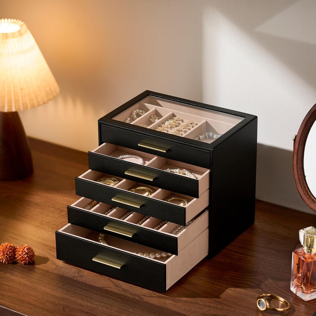 pickpiff Jewelry Box Organizer Case for Women: 5-Layer Jewelry Storage Case with Glass Window, Black Leather with Blush Velvet, Holder for Ring Necklace Bracelet Brooch Watch, Great Gift for Her