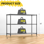 3-Shelf Adjustable Storage Shelves 36" W x 14" D x 36" H Metal Shelving Unit Heavy Duty Wire Rack Small Organizer with 3 Shelf Liners for Kitchen Pantry Bathroom Laundry Closet Garage Black