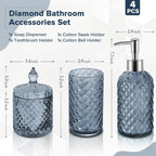 Blue Bathroom Accessories Set, 4 Pack Light Blue Bathroom Decor Accessory Sets Complete, Diamond Glass Soap Dispenser and Toothbrush Holder Set for Bath Counter Organizer Essentials