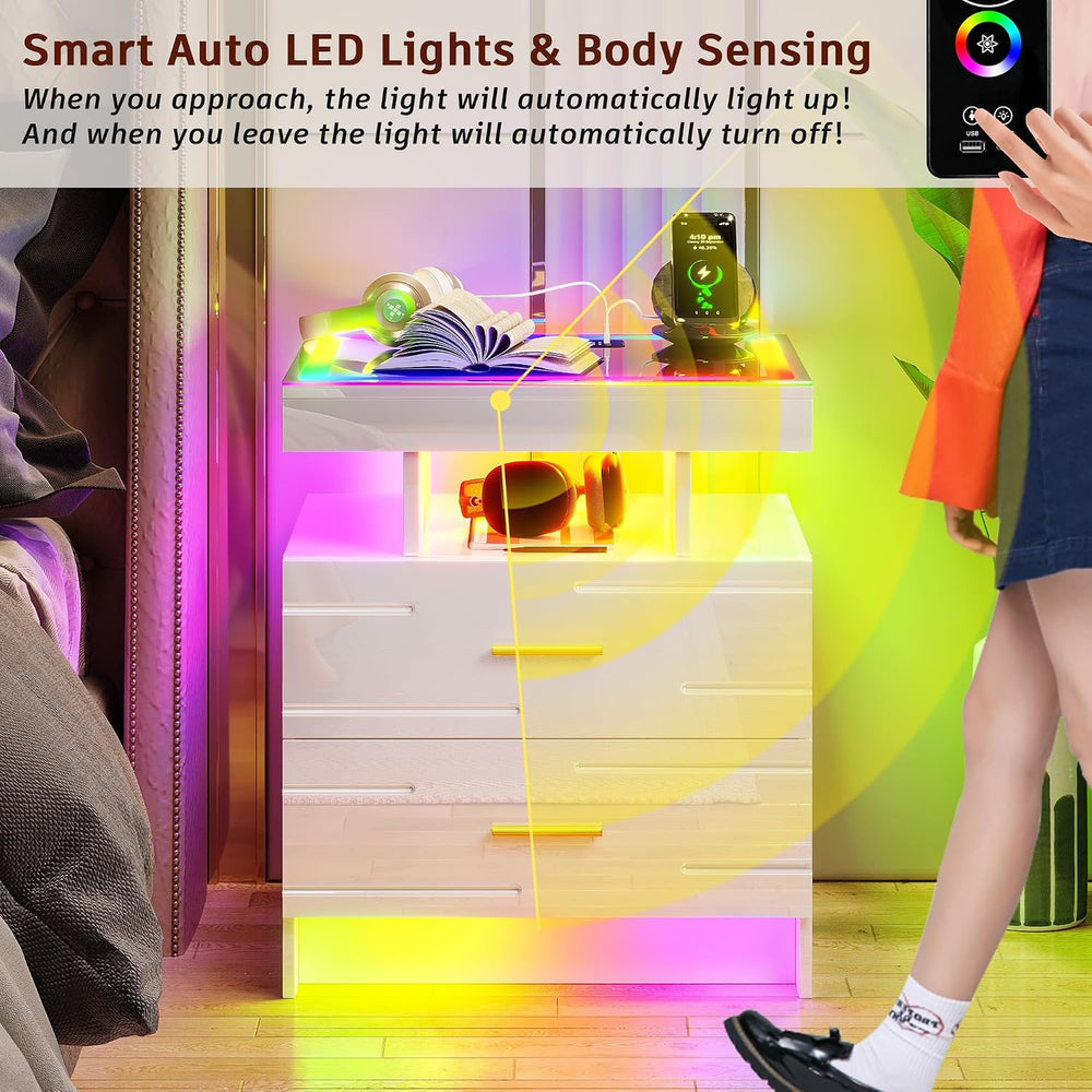 WOOVIVS Smart Nightstand with RGB Lights&Charging Station for Bedroom-White