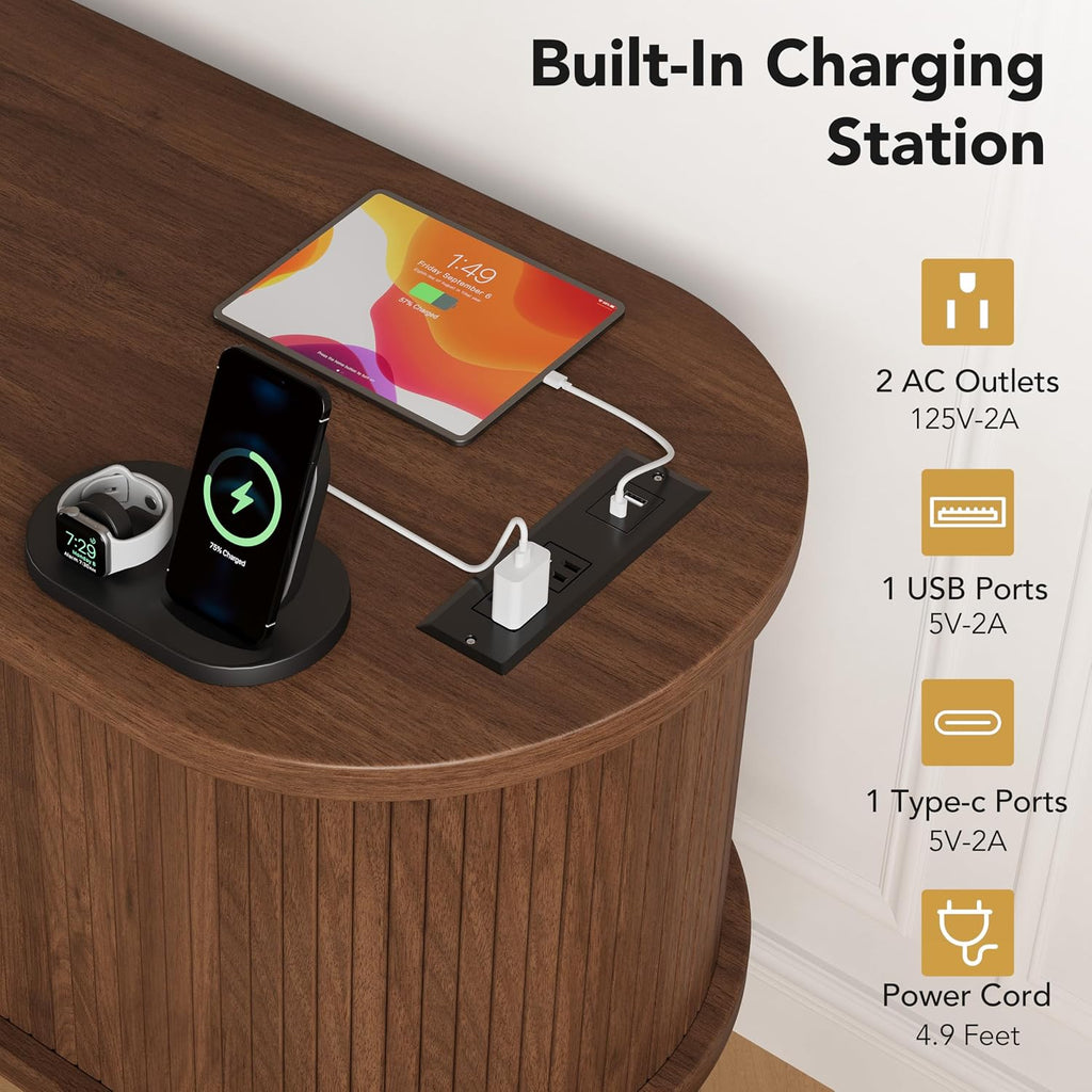 Decofy 63" Fluted TV Stand for TVs Up to 70" with Charging Station, Walnut | Mid Century Modern Built-in Charging Station Sliding Tambour Doors Adjustable Shelves Entertainment Center Solid Wood Legs