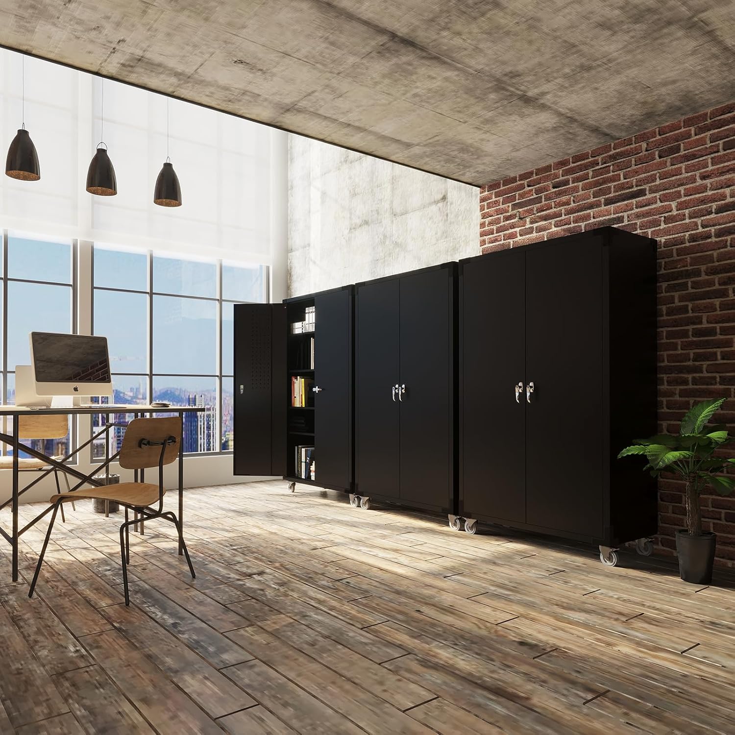 VINGLI Upgraded Wide & Deep Garage Storage Cabinet, Metal Storage Cabinet with Pegboards, Wheels, Locking Doors and Adjustable Shelves (Black, 43''W x 20''D x 72''H)