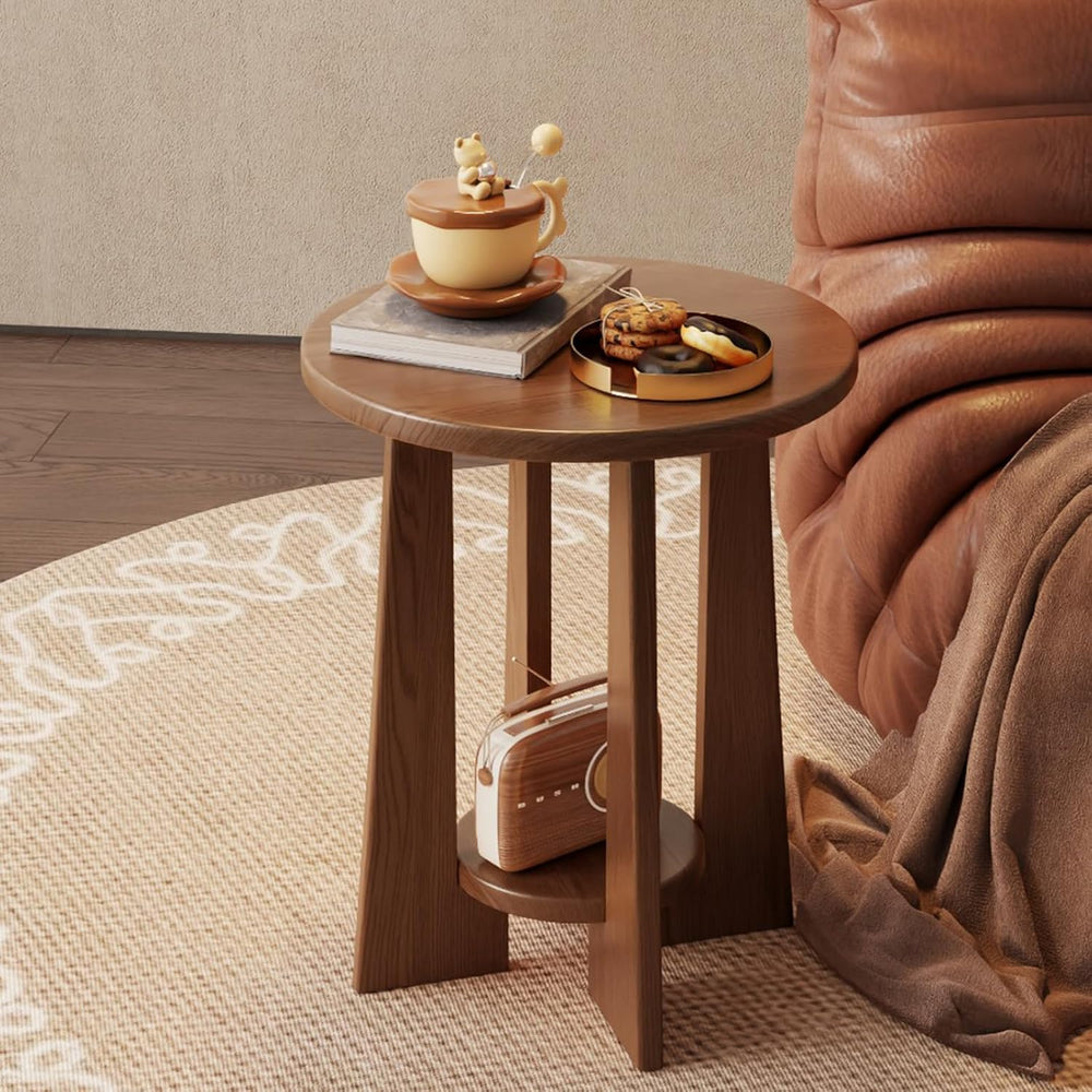 YUNMUAIR-Round Wood End Table with 2-Tier Storage,15.75" Dia Small Accen...