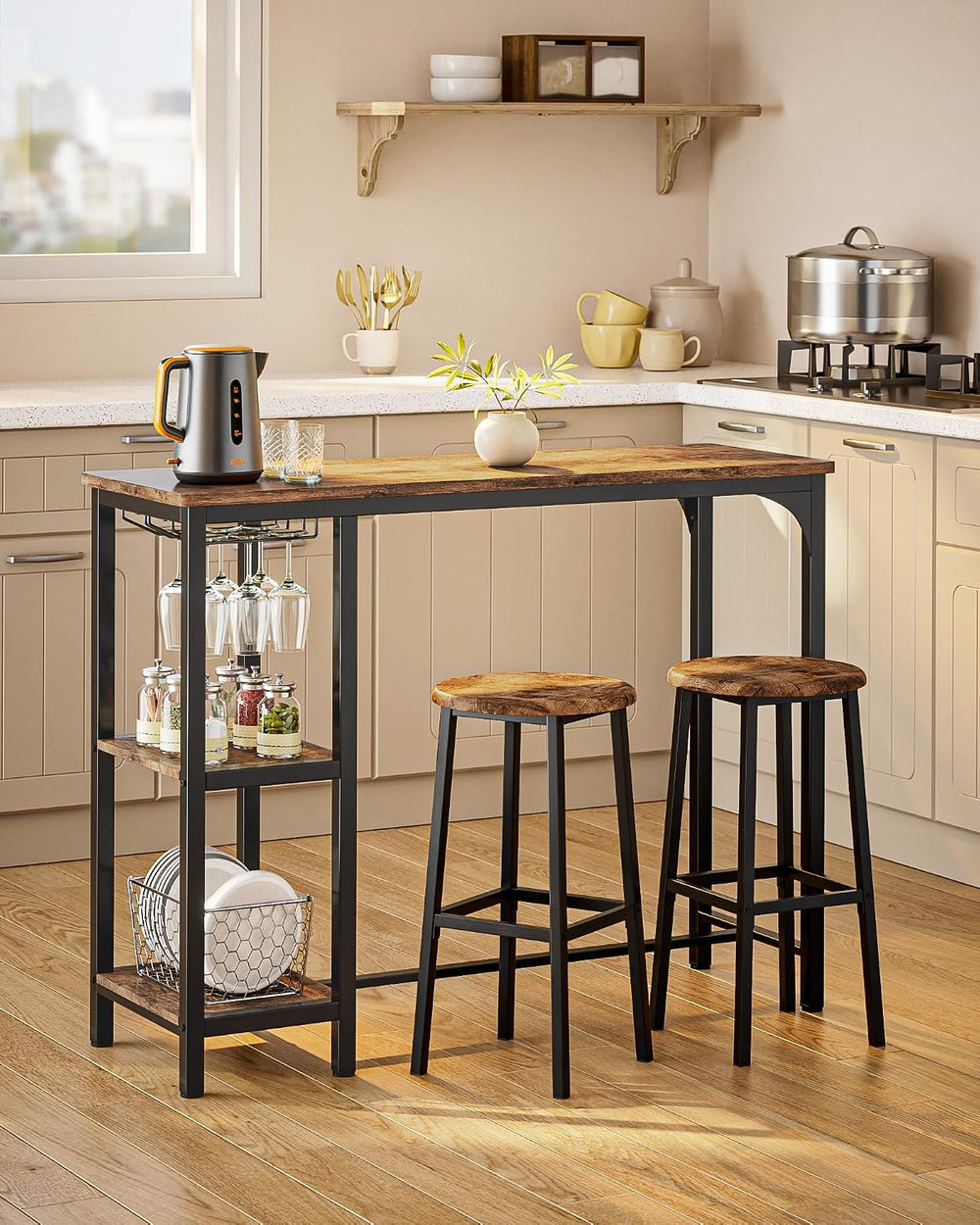 Qsun 3-Piece Bar Table Set for 2 | Bar Height Table with Stools & 2 Stora...
