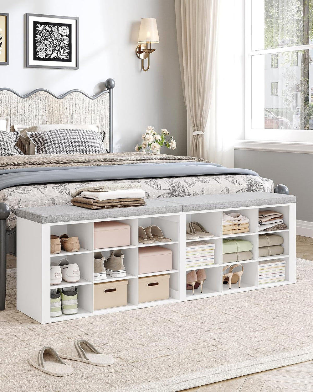 Hzuaneri Shoe Storage Bench with Cushion, Entryway Storage Bench with 18 Cubb...