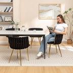 Kiztir Black Velvet Dining Chairs Set of 2, Upholstered Dining Room Chairs with Gold Metal Legs, Modern Dining Chairs with Woven Back for Living Room, Bedroom, Kitchen