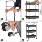 CAXXA 3-Tier Rolling Metal Storage Organizer - Mobile Utility Cart with Caster Wheels, Gray