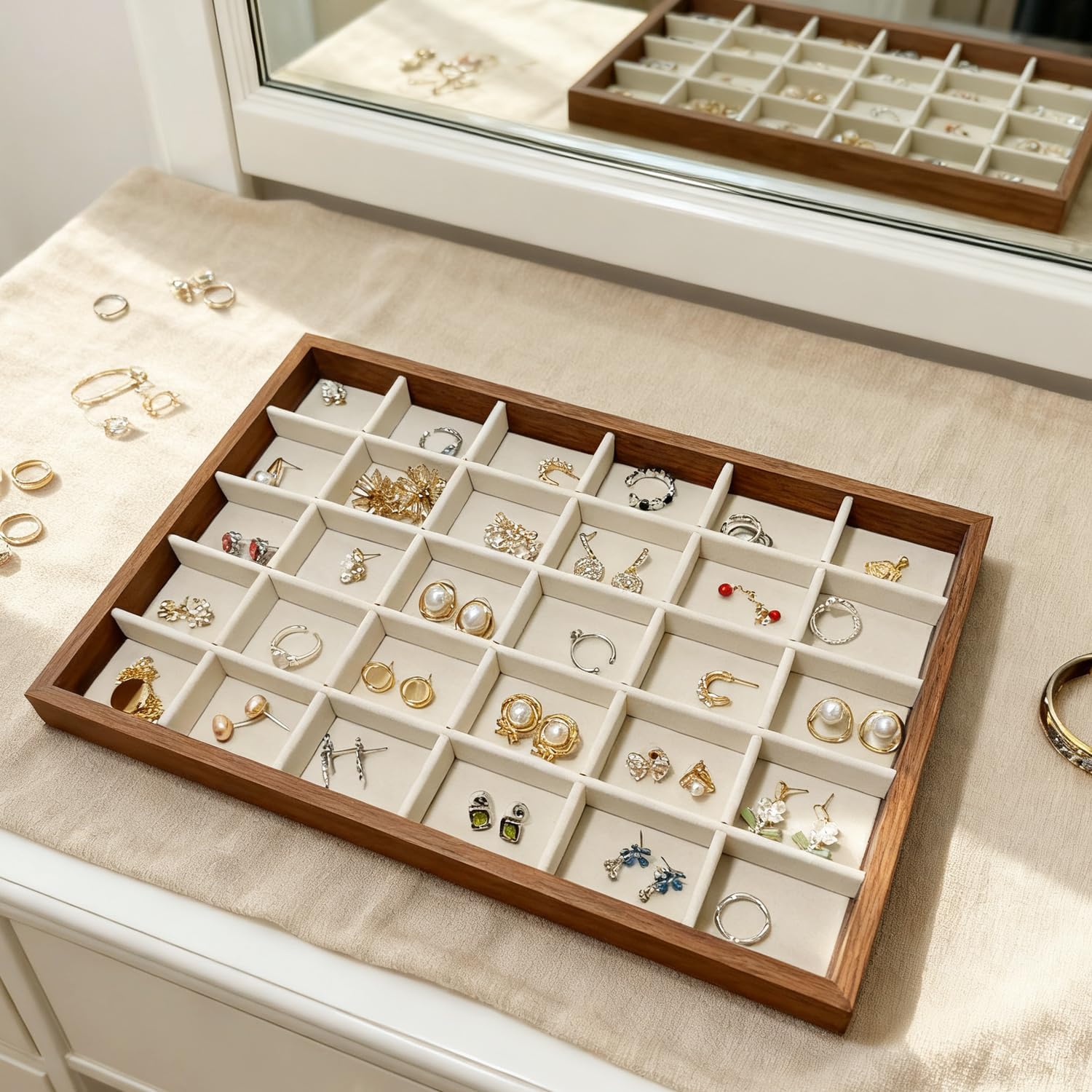 Large Jewelry Trays for Drawers Stackable Velvet Jewelry Display for Vendors Jewelry Drawer Organizer Inserts for Rings Necklace Bracelets Earrings and Studs Earrings (Beige, 30 Grid)